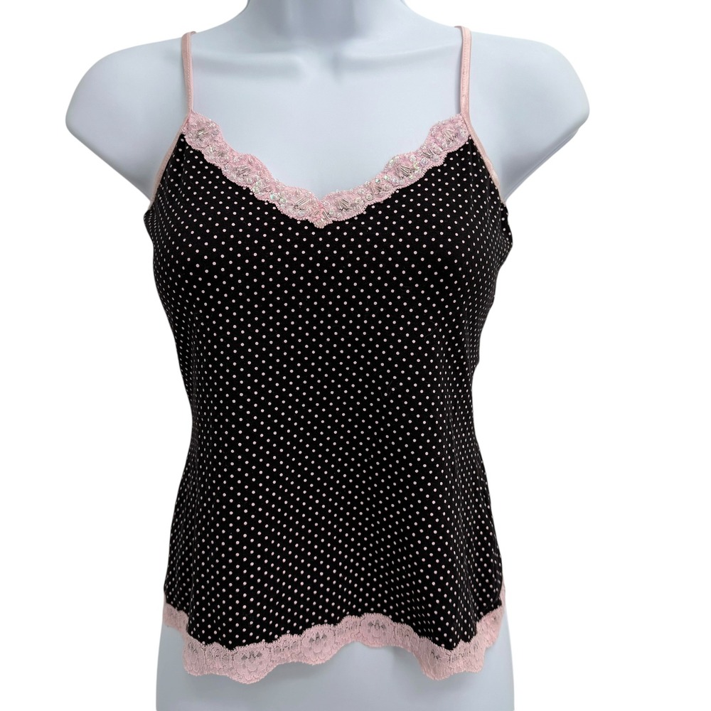 Y2K Energie Polka Dot Lace Trim Sequin Cami Tank Top Size S Black Pink Soft Girl